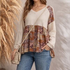 Boho Mixed Print Waffle Knit Babydoll Top Paisley Blouse Sz SM